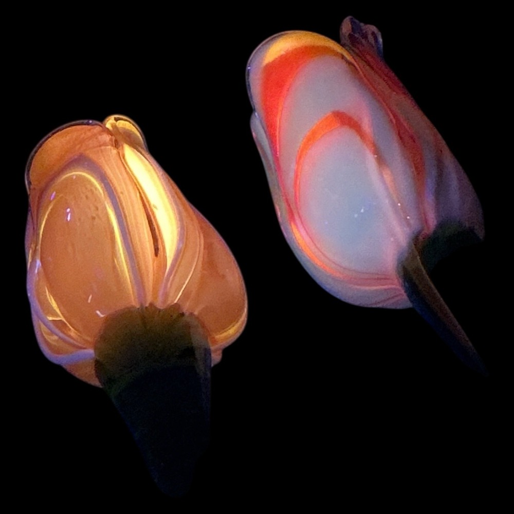 Murano Style Hand Blown Art Glass Tulip Flowers Pair Yellow‎ Orange Long Stem